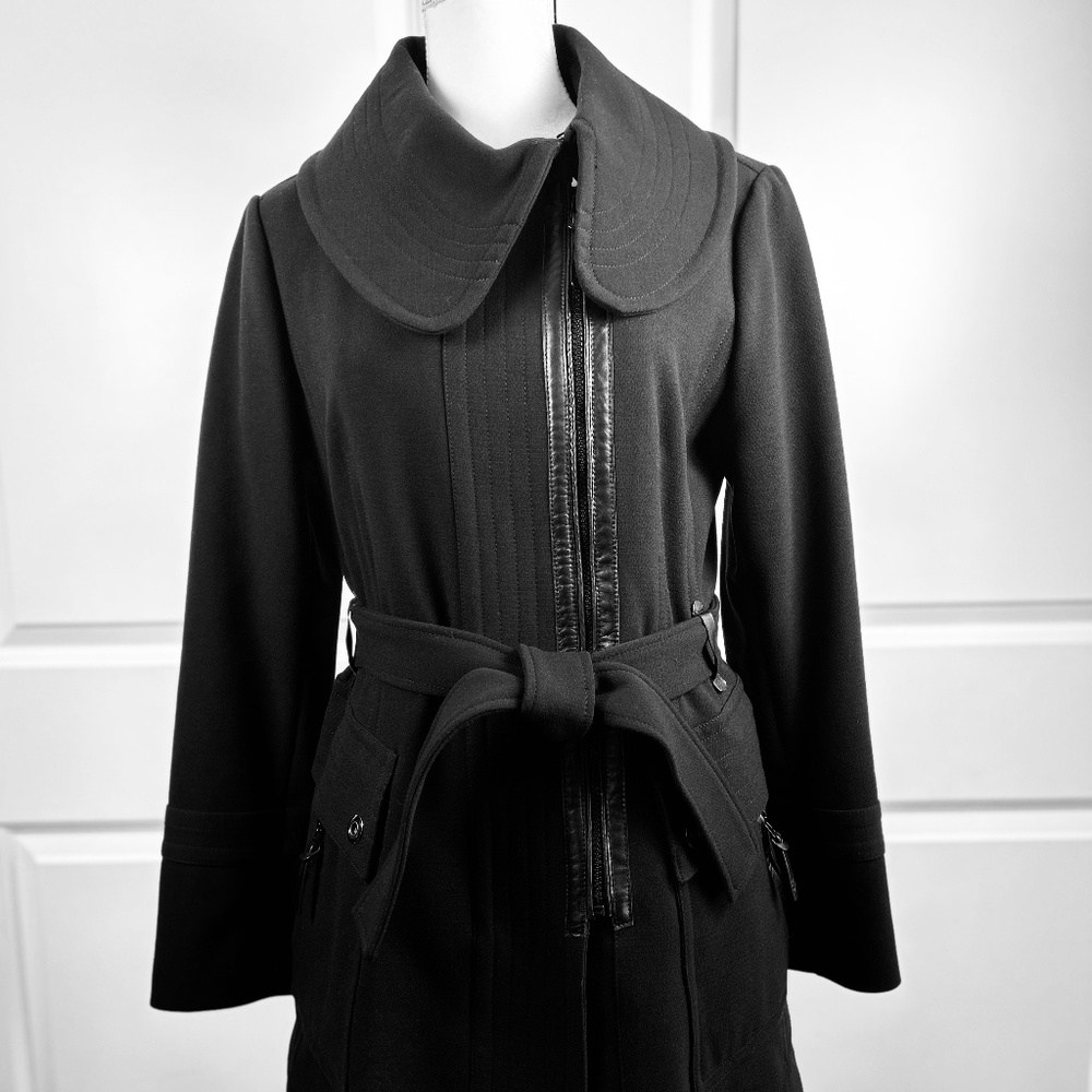 RUD RUDSAK Peter Pan Collar Black Leather Trim Belted Trench Pea Coat Jacket Zip
